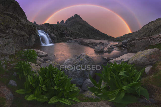 Vista panorámica de Sierra de Gredos con cascada y falsos hellebores creciendo bajo el cielo púrpura con arco iris en el crepúsculo - foto de stock