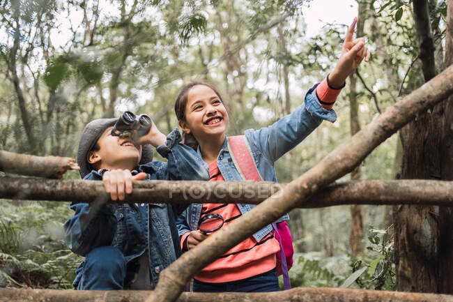 Enfant ethnique parlant à un frère ou à une sœur regardant à travers des jumelles contre des troncs d'arbres tout en explorant la forêt en plein jour — Photo de stock