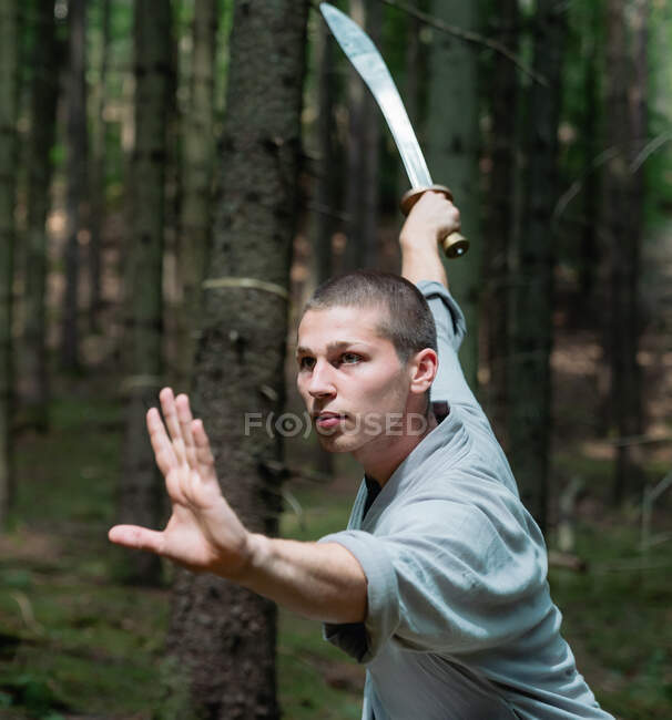 Hombre con ropa tradicional practicando la postura de la espada durante el entrenamiento de kung fu en el bosque - foto de stock