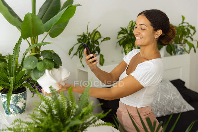 Vista laterale di allegra femmina etnica che scatta foto di pianta in vaso sul cellulare a casa — Foto stock