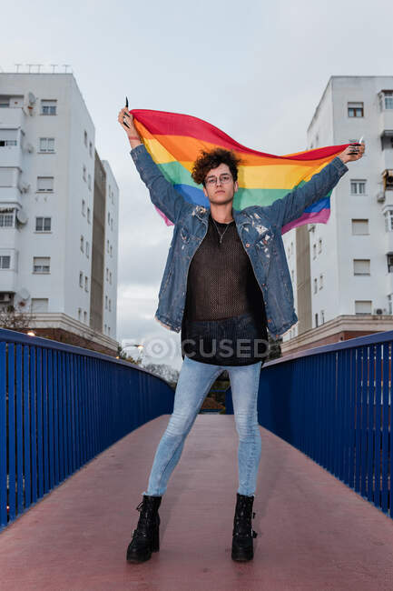 Знизу серйозного гомосексуального чоловіка, що стоїть з веселковим прапором у піднятих обіймах на мосту і дивиться на камеру — стокове фото