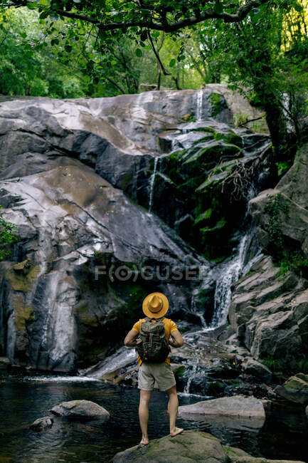Rückansicht eines nicht wiedererkennbaren männlichen Wanderers, der auf einem Felsbrocken sitzt und den Wasserfall im Wald bewundert — Stockfoto
