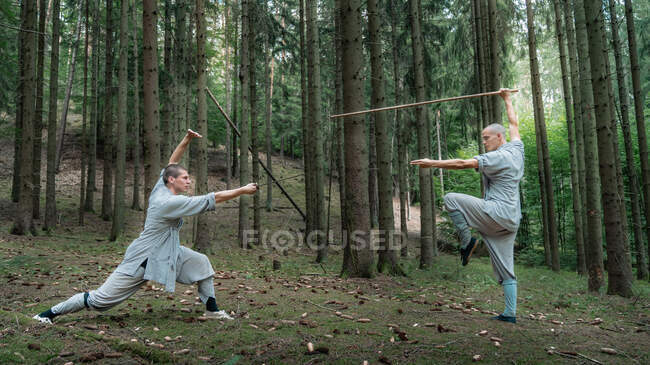Homens de corpo inteiro em roupas cinza praticando kung fu com vara e espada durante o treinamento em madeiras — Fotografia de Stock
