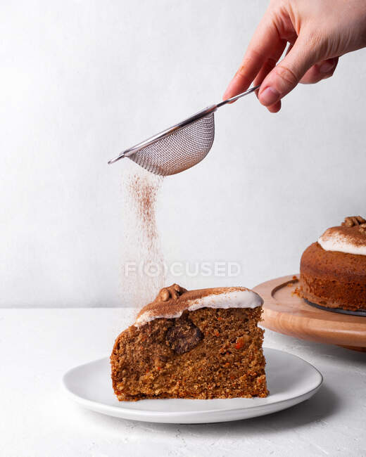 Crop unrecognizable person with sieve sprinkling tasty carrot cake piece with ground cinnamon on light background — Stock Photo