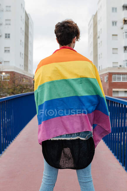 Вид сзади гомосексуального мужчины, стоящего с радужным флагом на мосту — стоковое фото
