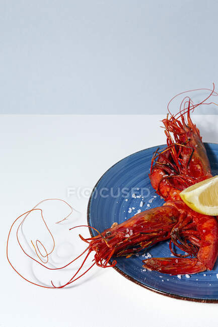 Tasty seafood of cooked red shrimps with fresh lemon slices and coarse salt on white background — Stock Photo