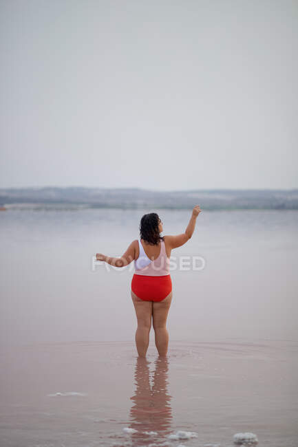 Kurvige Frau im Badeanzug steht mit erhobenen Armen am Strand in der Nähe des rosafarbenen Teichs und schaut weg, während sie den Sommerurlaub genießt — Stockfoto