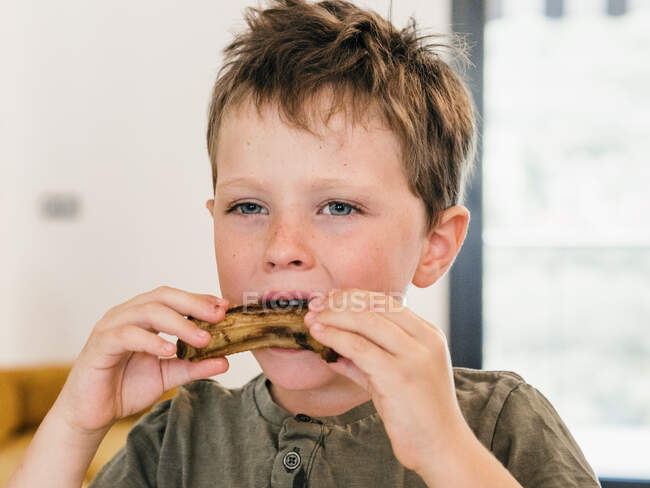 Adorable kid eating appetizing pork ribs during lunch at home and looking away — Stock Photo