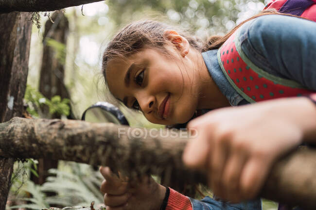 Attentive ethnic child with magnifying glass examining tree trunk while leaning forward during hike in woods — Stock Photo