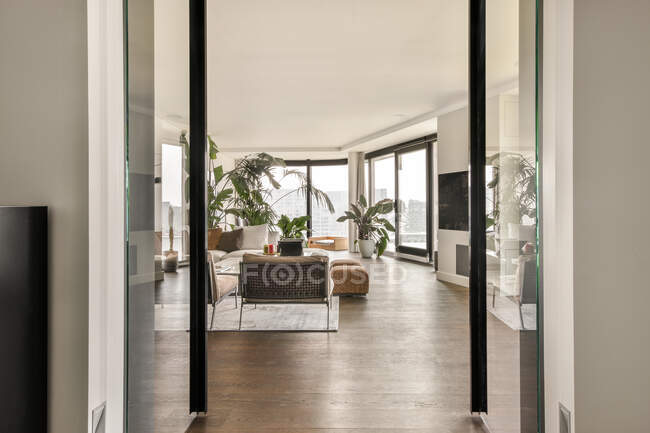 Diseño interior de una elegante sala de estar espaciosa con TV grande colgada en la pared blanca delante de la mesa y sofás decorados con plantas en macetas en un moderno apartamento de lujo - foto de stock