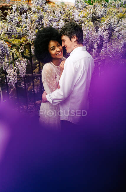 Vue latérale d'un couple aimant multiracial embrassant dans un parc avec des fleurs de glycine pourpres en fleurs en été — Photo de stock
