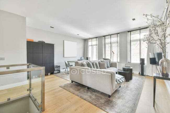 Interno di moderno soggiorno con comodo divano posto su moquette davanti alla TV in spazioso appartamento con pareti bianche e grandi finestre — Foto stock