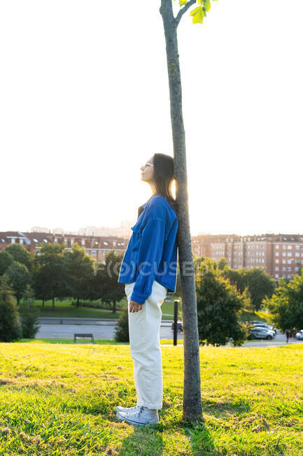 Seitenansicht einer friedlichen Frau in stylischem Outfit, die sich auf einen Baumstamm lehnt, während sie im Gegenlicht auf dem grünen Rasen gegen die Stadt steht — Stockfoto