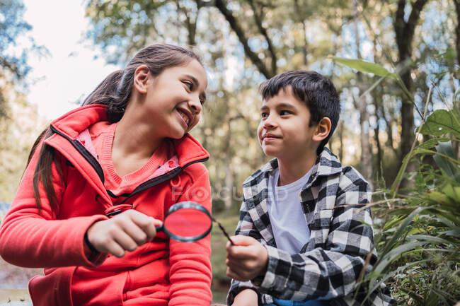 Ethnic child with magnifying glass demonstrating fern plant to sibling while exploring forest in daytime — Stock Photo