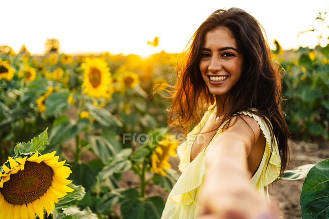 Боковой вид веселых молодых длинноволосых испаноязычных женщин в желтом платье, смотрящих в камеру и протягивающих руку, как приглашение следовать за ней в бесконечное поле с цветущими подсолнухами в летний день — стоковое фото