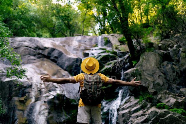 Rückansicht eines nicht wiedererkennbaren männlichen Wanderers, der mit offenen Armen auf einem Felsbrocken steht und den Wasserfall im Wald bewundert — Stockfoto