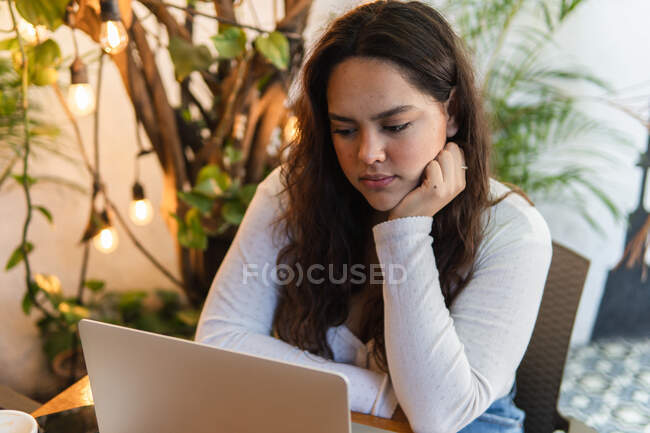 Focused young Latin American female student reading information on laptop screen while preparing for university exam in cozy cafe — Stock Photo