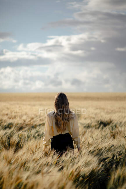 Back view of unrecognizable mindful female in formal wear among spikes in countryside — Stock Photo