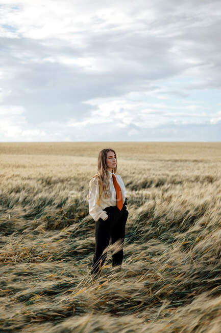 Side view of young mindful female in formal wear with tie looking away among spikes in countryside — Stock Photo