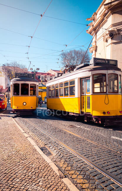 Tranvías amarillos y blancos que conducen sobre raíles en la carretera adoquinada cerca de edificios históricos contra el cielo azul sin nubes en el día soleado en la calle de Lisboa, Portugal - foto de stock