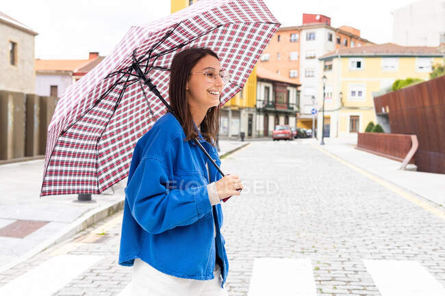 Vista lateral de la elegante hembra bajo el paraguas cruzando la carretera en la ciudad y sonriendo - foto de stock