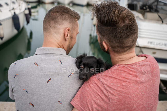 Back view of dog between cheerful bearded man embracing anonymous homosexual partner while talking and sitting on pier in harbor — Stock Photo