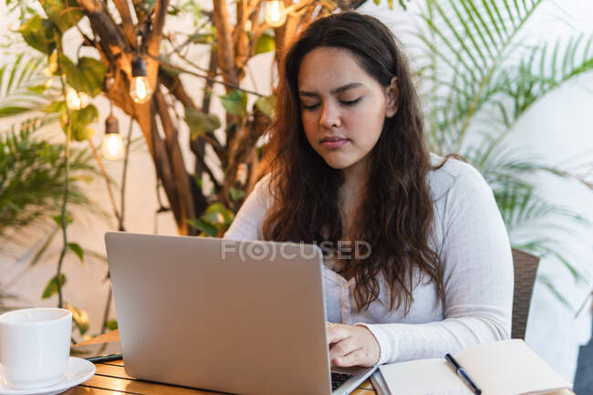 Focalisé jeune étudiante latino-américaine lisant des informations sur l'écran d'ordinateur portable tout en se préparant pour l'examen universitaire dans un café confortable — Photo de stock