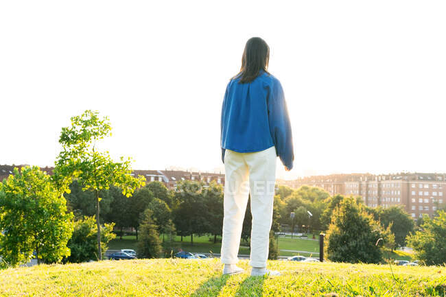 Vista posteriore di donna irriconoscibile in abiti alla moda in piedi sulla collina verde sullo sfondo della città nella giornata di sole — Foto stock