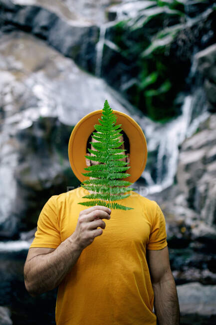 Friedliche männliche Reisende in gelben Kleidern stehen mit grünem Farnblatt im Gesicht und genießen die Natur vor dem Hintergrund des Wasserfalls im Wald — Stockfoto
