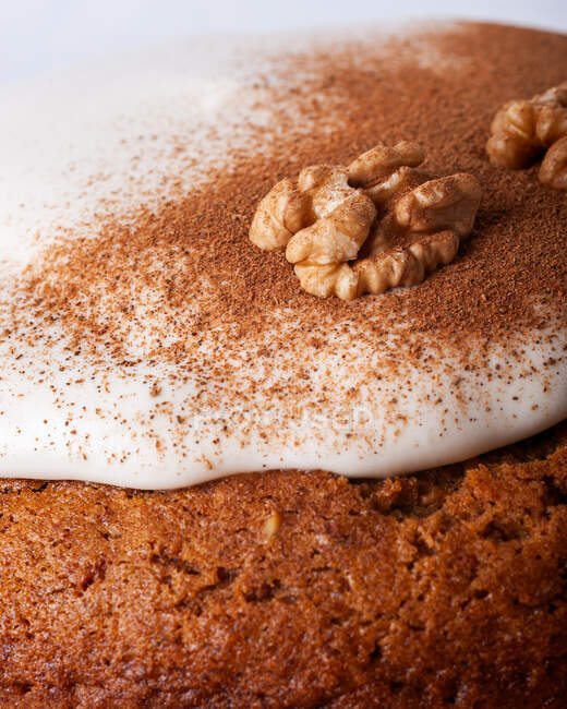 Close-up of tasty carrot cake piece with walnut and cinnamon powder on icing sugar glaze on light background — Stock Photo