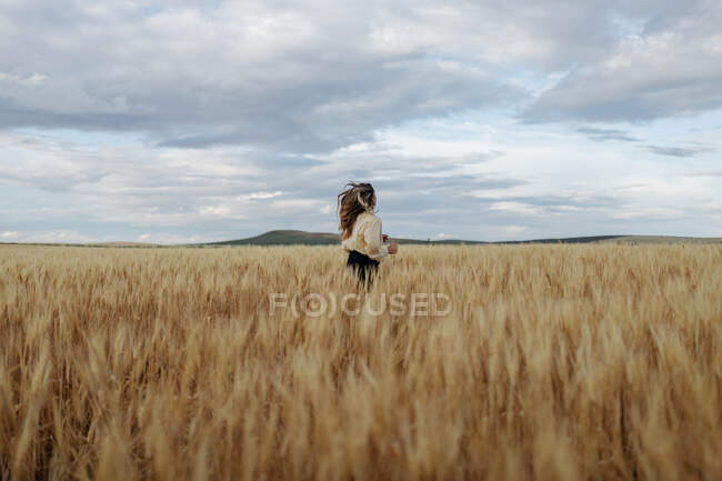 Back view of anonymous female with flying hair running on meadow with wheat spikes under cloudy sky — Stock Photo