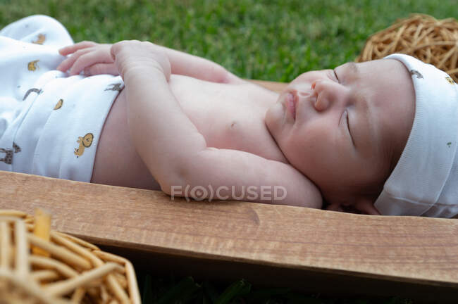Carino piccolo neonato che dorme mentre giace in una vasca di legno posta sull'erba verde — Foto stock
