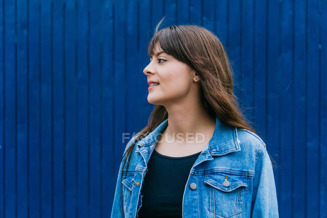 Tranquil female with long brown flying hair and in denim jacket looking away on blue background in city — Stock Photo