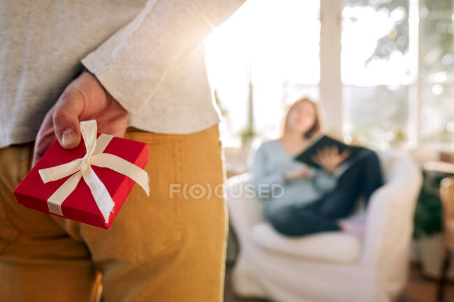 Crop anonymous male with small present box behind back interacting with female beloved at home in sunlight — Stock Photo