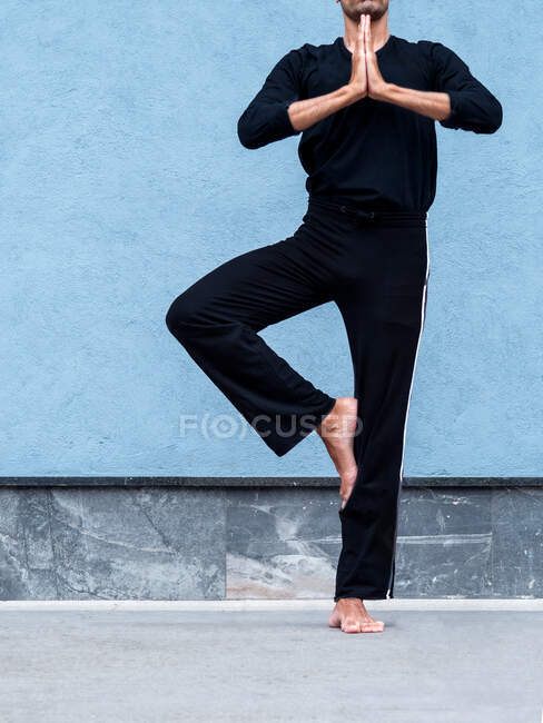 Cultivado irreconhecível de serena etnia masculina em pé em Vrikshasana na rua e praticando ioga — Fotografia de Stock