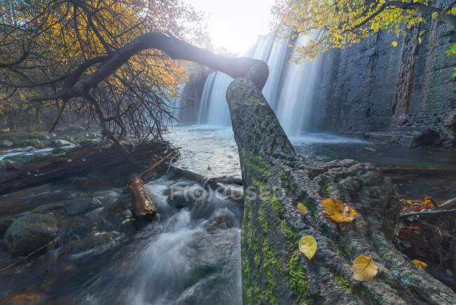 Сценический вид водопада, спускающегося по скалам в горных лесах осенью в условиях длительного воздействия на реке Лозоя в Национальном парке Гуадарама — стоковое фото