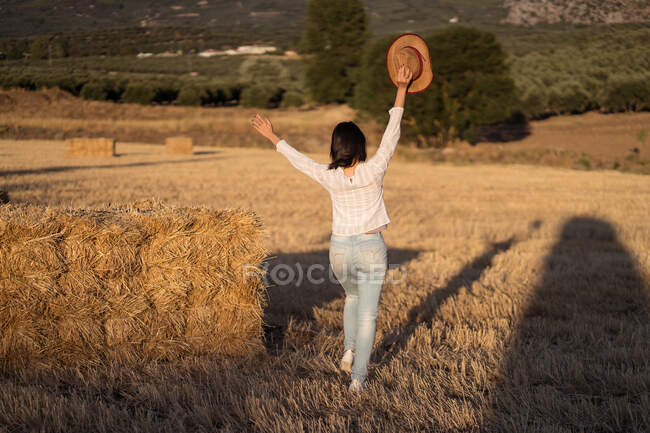 Vista posteriore di femmina etnica con cappello di paglia in piedi vicino pila di fieno secco in campo — Foto stock
