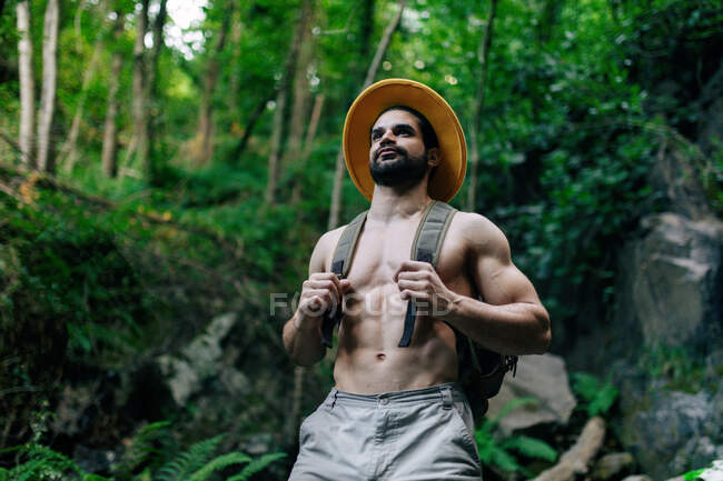From below of fit shirtless male traveler with backpack and in hat standing in rocky woods and looking away — Stock Photo