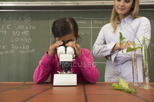 Schoolgirl With Teacher Looking Through A Microscope Stock Photo Schoolgirl With Teacher Looking Through A Microscope Stock Photo