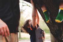Мальчик пытается залезть на дерево — стоковое фото