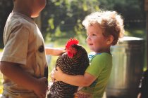 Маленький мальчик держит большую курицу — стоковое фото