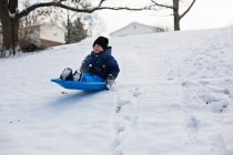 Cute little boy on sled — Stock Photo