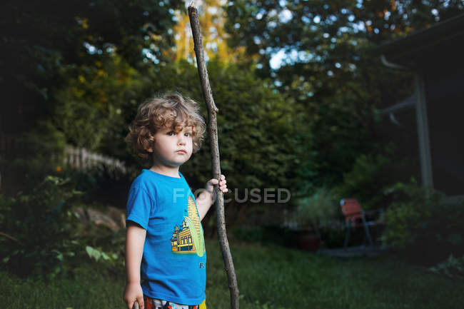 Симпатичный мальчик с большой веткой дерева — стоковое фото