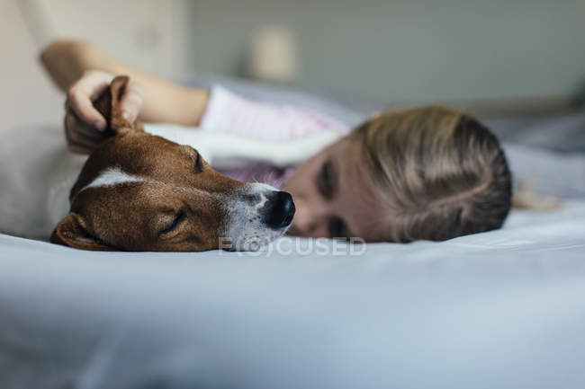 Fille avec chien mignon sur le lit, foyer sélectif — Photo de stock