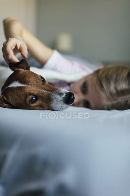Menina com cão bonito na cama, foco seletivo — Fotografia de Stock