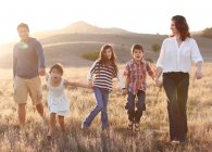 Family holding hands and walking in meadow — Stock Photo