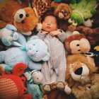 Bebé durmiendo con juguetes rellenos - foto de stock