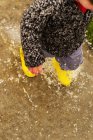 Little boy walking through puddle — Stock Photo