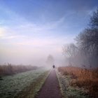 Uomo che cammina al mattino nebbioso — Foto stock