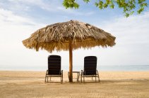 Сонячні шезлонги і пляжна парасолька — стокове фото